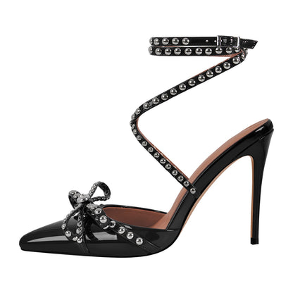 Bow Rivet Pointed Toe Cross Ankle Strap Pumps - Onlymaker Smart Buy