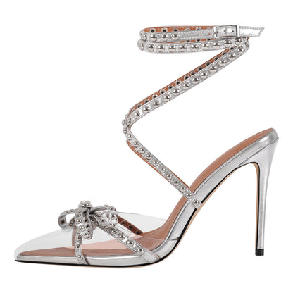 Bow Rivet Pointed Toe Cross Ankle Strap Pumps - Onlymaker Smart Buy