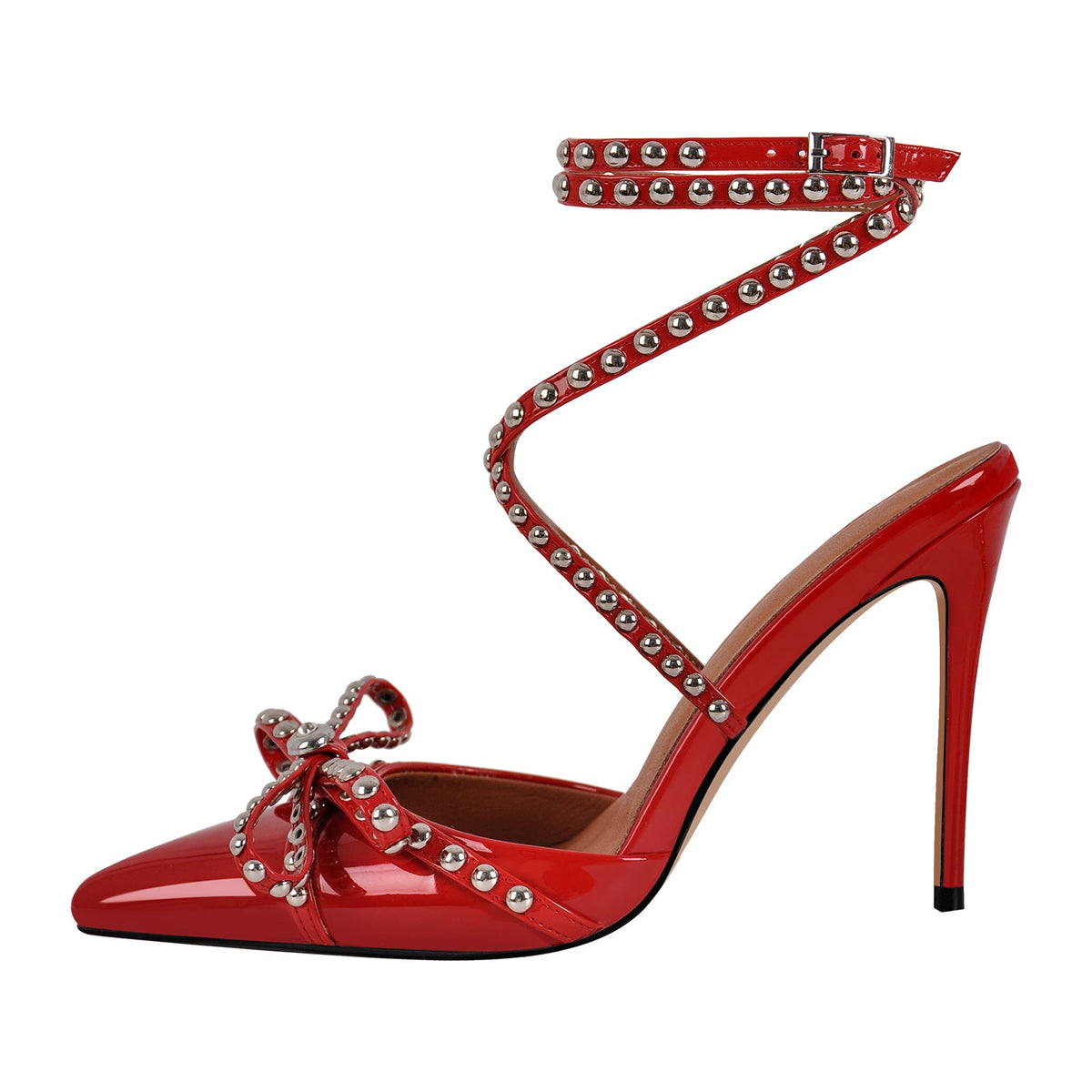 Bow Rivet Pointed Toe Cross Ankle Strap Pumps - Onlymaker Smart Buy