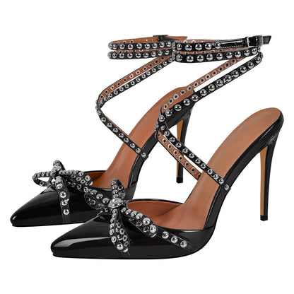 Bow Rivet Pointed Toe Cross Ankle Strap Pumps - Onlymaker Smart Buy