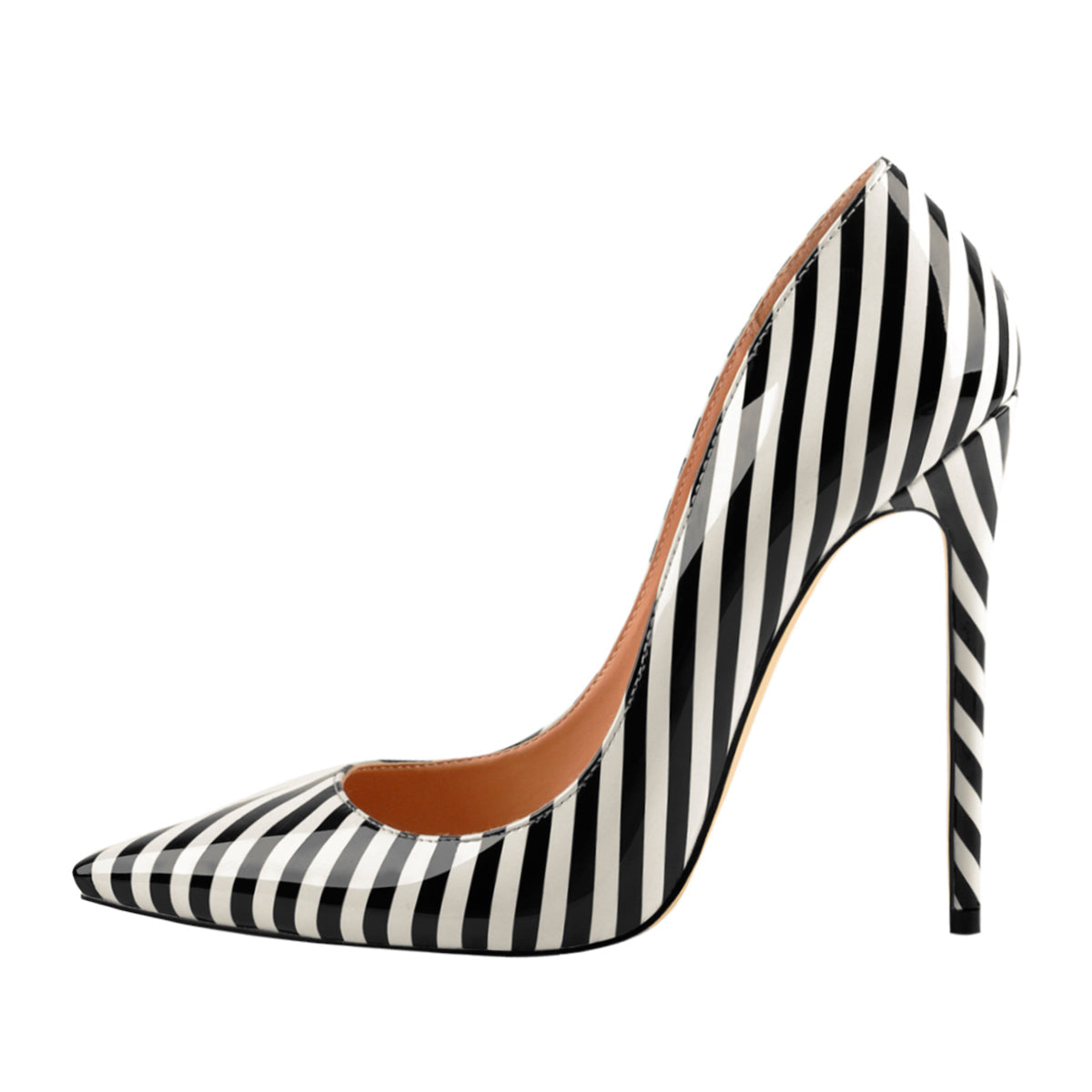 Black White Stripes Pointed Toe High Heel Pumps - Onlymaker Deals