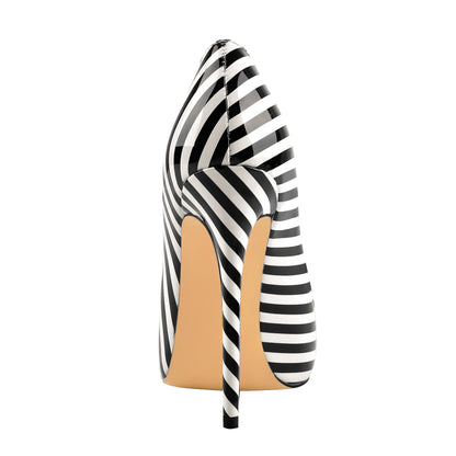 Black White Stripes Pointed Toe High Heel Pumps - Onlymaker Deals