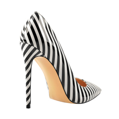 Black White Stripes Pointed Toe High Heel Pumps - Onlymaker Deals