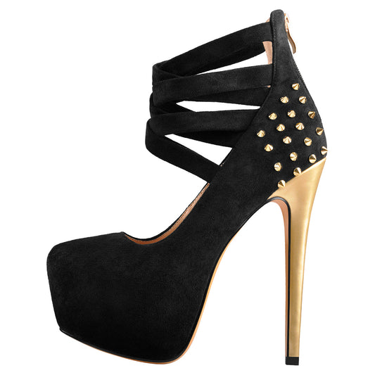 Round Toe Platform Metallic Rivet High Heel Pumps - Onlymaker Customer Favorite