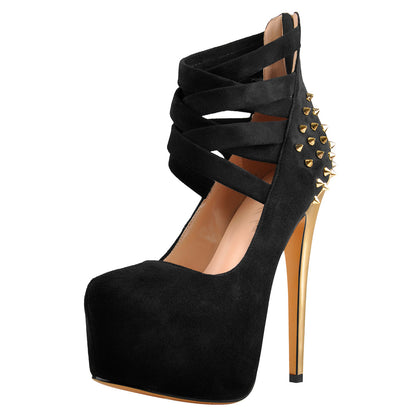 Round Toe Platform Metallic Rivet High Heel Pumps - Onlymaker Customer Favorite