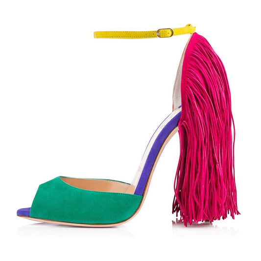 Fringe Decoration Peep Toe High Heel Sandals - Onlymaker Recommended