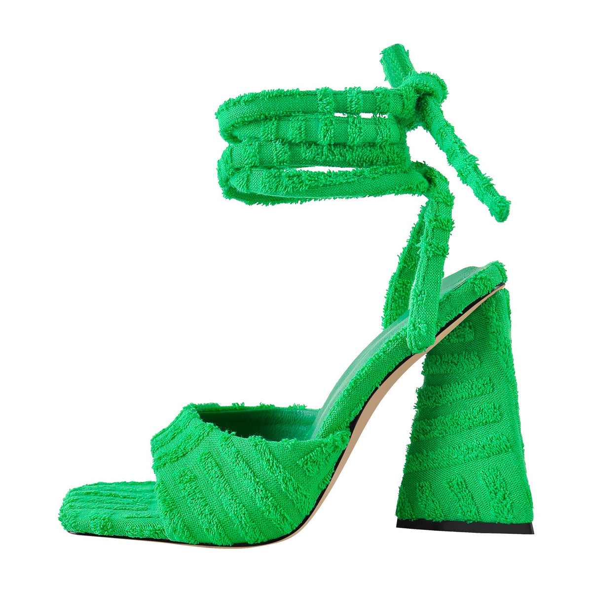 Square Toe Towelling Lace Up Chunky Heel Sandals - Onlymaker Value
