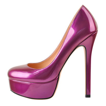 Round Toe Stiletto High Heel 3CM Platform Purple Slip On Pumps - Onlymaker Essential