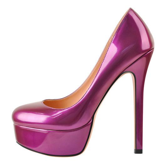Round Toe Stiletto High Heel 3CM Platform Purple Slip On Pumps - Onlymaker Essential