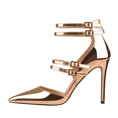 Golden Pointed Toe Double Buckle Strap High Heels Pumps - Onlymaker Classic