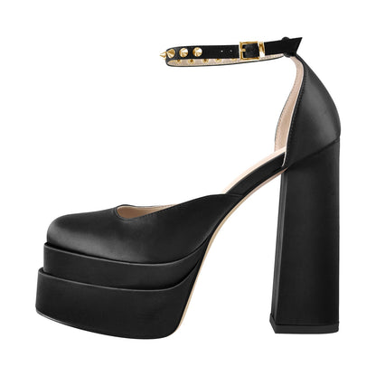 Double Platform Rivets Ankle Strap Chunky Heel D'Orsay Pumps - Onlymaker New