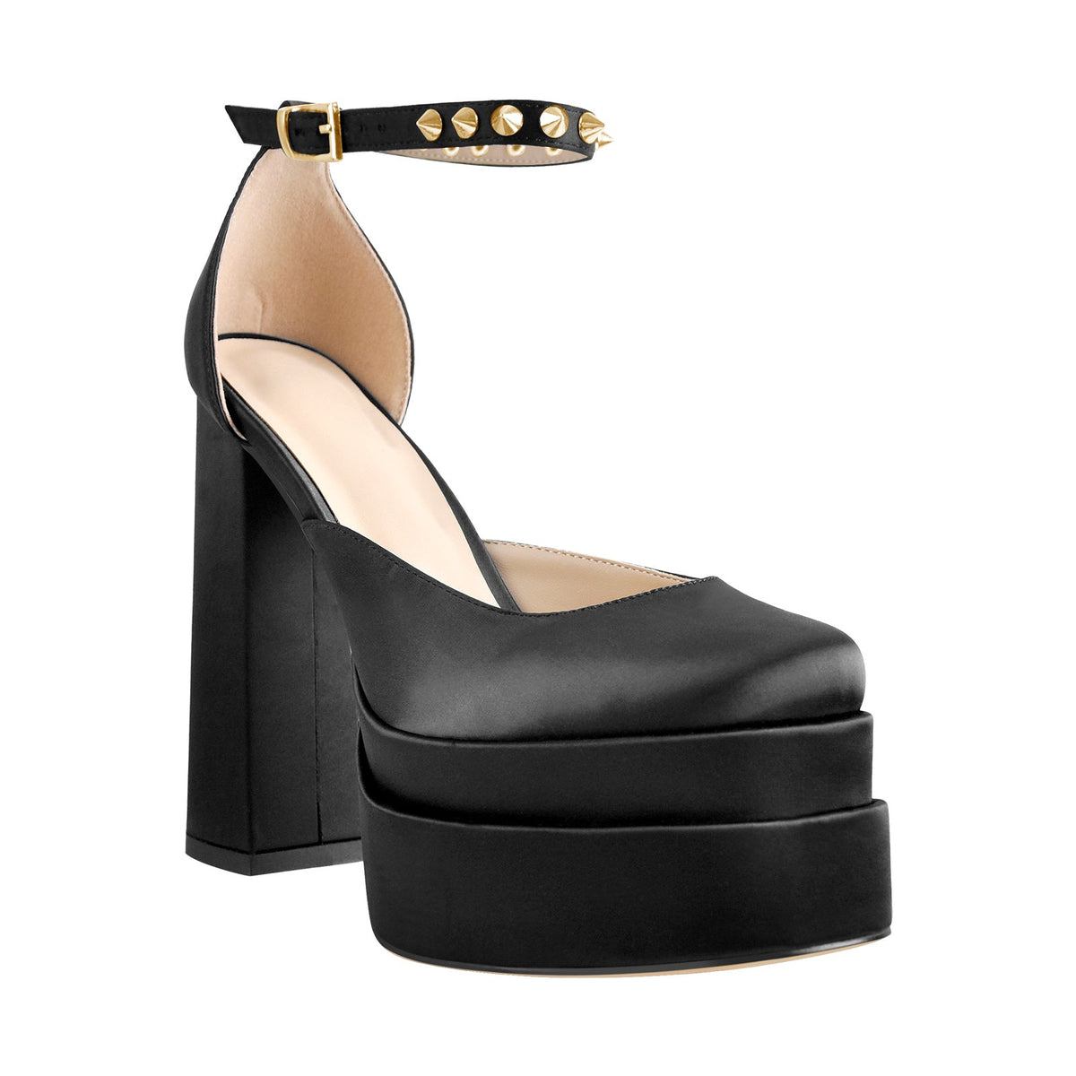 Double Platform Rivets Ankle Strap Chunky Heel D'Orsay Pumps - Onlymaker New