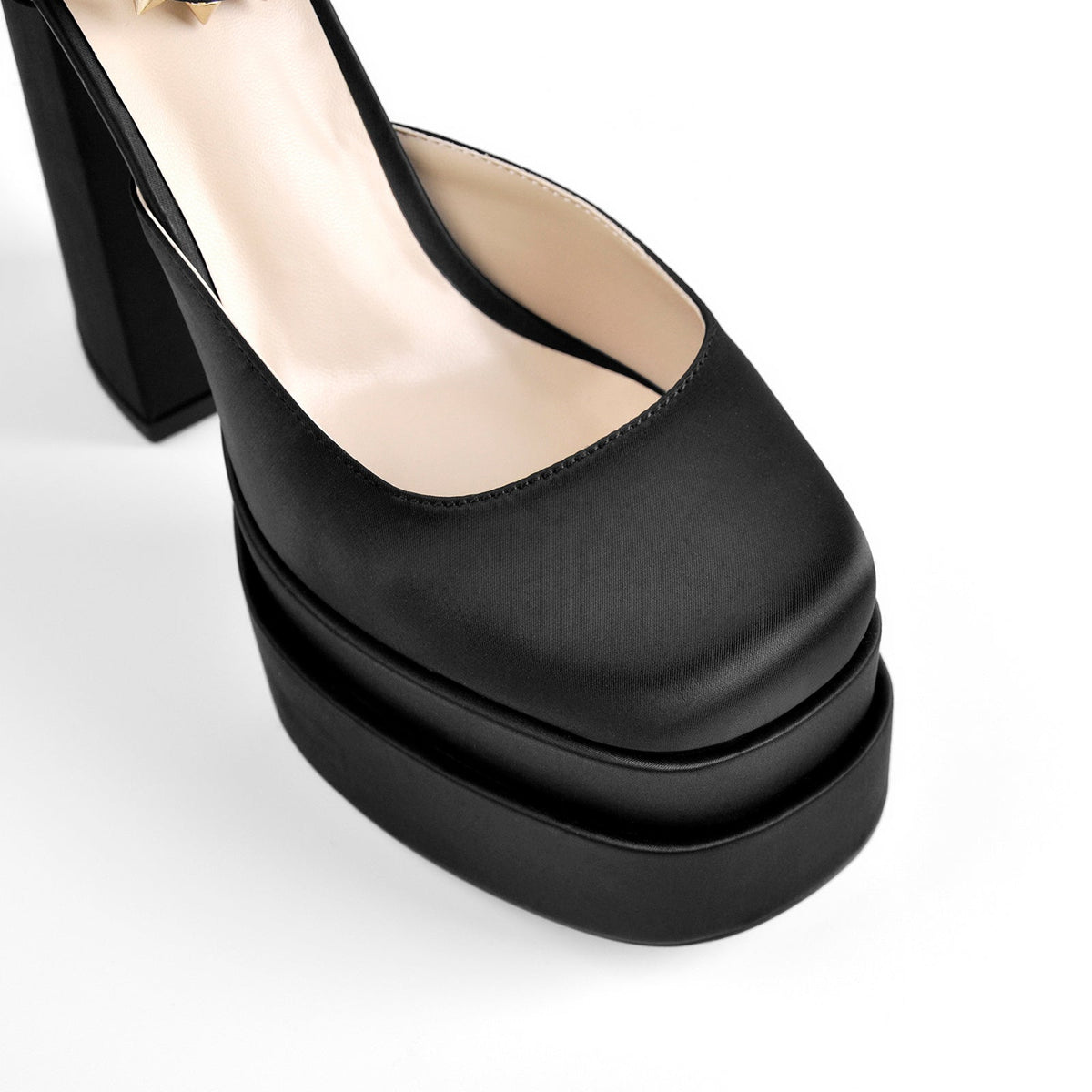 Double Platform Rivets Ankle Strap Chunky Heel D'Orsay Pumps - Onlymaker New