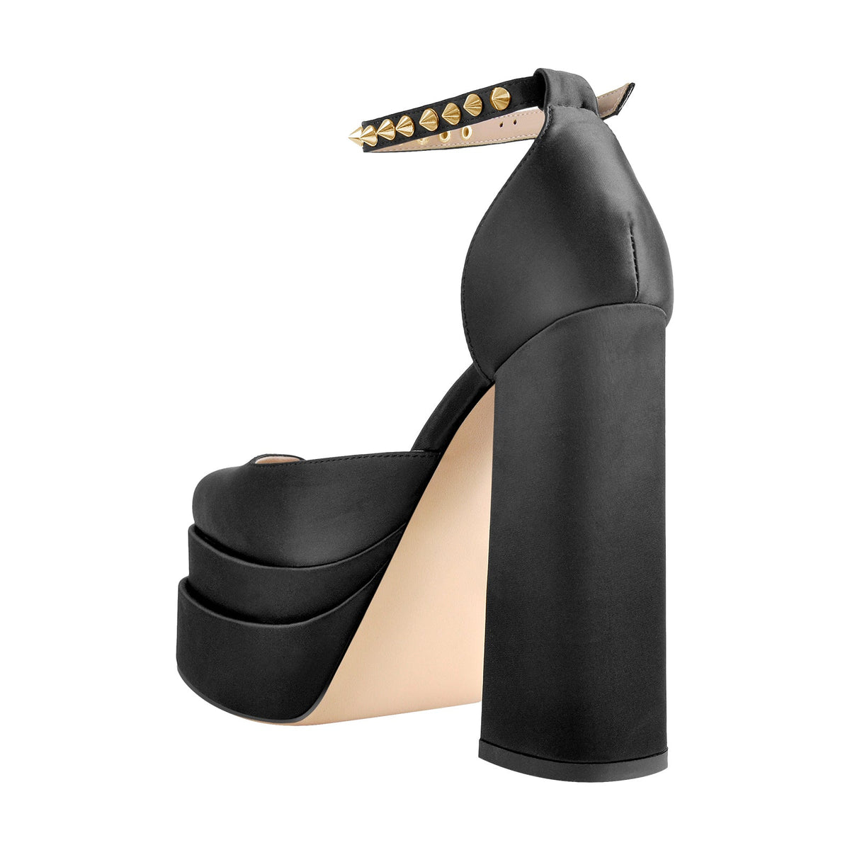 Double Platform Rivets Ankle Strap Chunky Heel D'Orsay Pumps - Onlymaker New