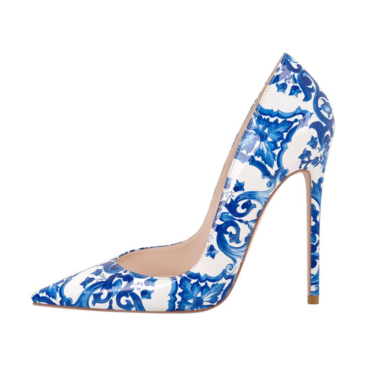 Blue and White Pattern Pointed Toe Pumps - Onlymaker Popular