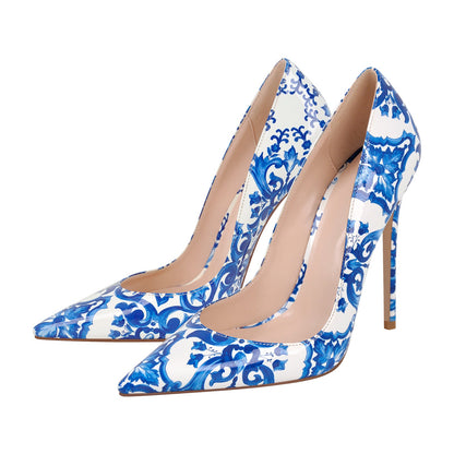 Blue and White Pattern Pointed Toe Pumps - Onlymaker Popular