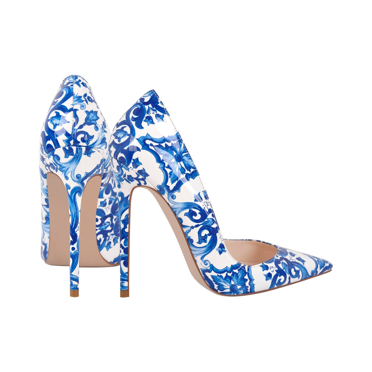 Blue and White Pattern Pointed Toe Pumps - Onlymaker Popular