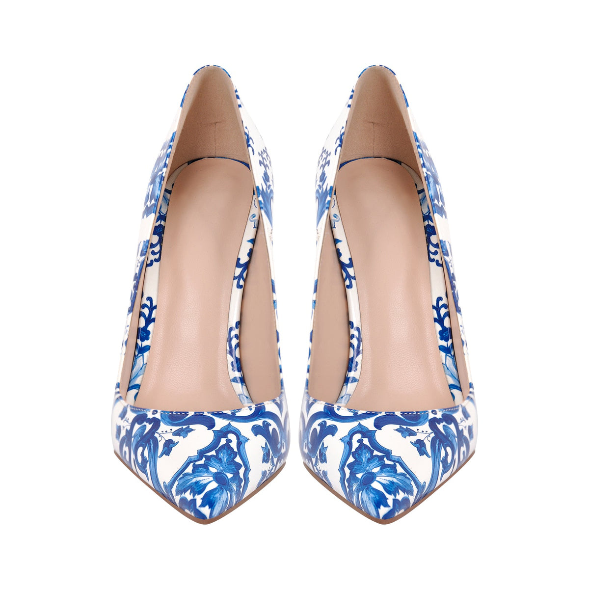 Blue and White Pattern Pointed Toe Pumps - Onlymaker Popular