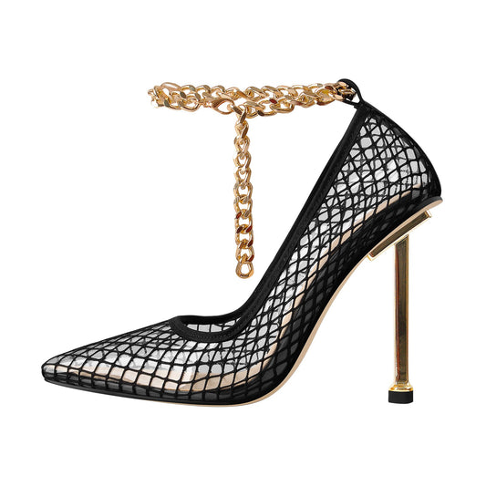 Black Fishnet Pointed Toe Ankle Metal Chain Pumps - Onlymaker Essential