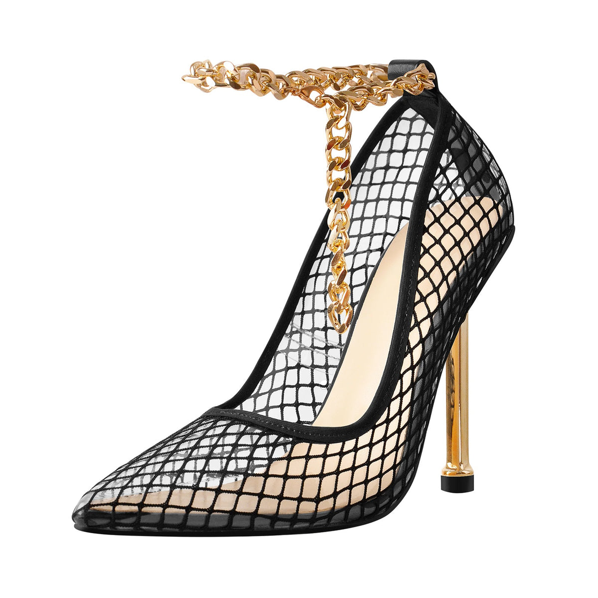 Black Fishnet Pointed Toe Ankle Metal Chain Pumps - Onlymaker Essential