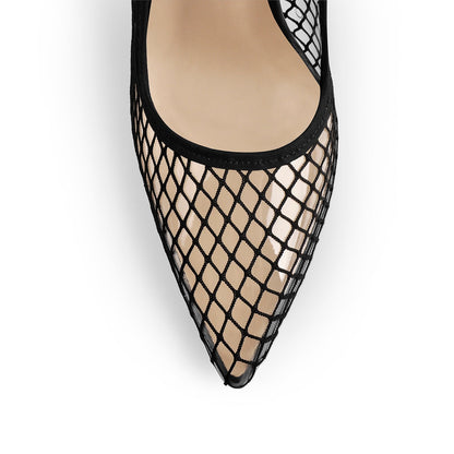 Black Fishnet Pointed Toe Ankle Metal Chain Pumps - Onlymaker Essential