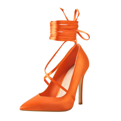 Orange Satin Strap High Heels Stiletto Pumps - Onlymaker Essential