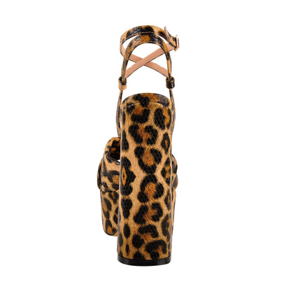 Platform Open Toe Leopard Print Ankle Strap Block Chunky Sandals - Onlymaker Value