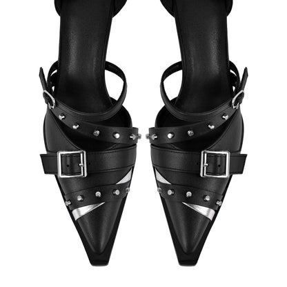 Pointed Toe Rivet Buckle Ankle Strap Pumps - Onlymaker Latest