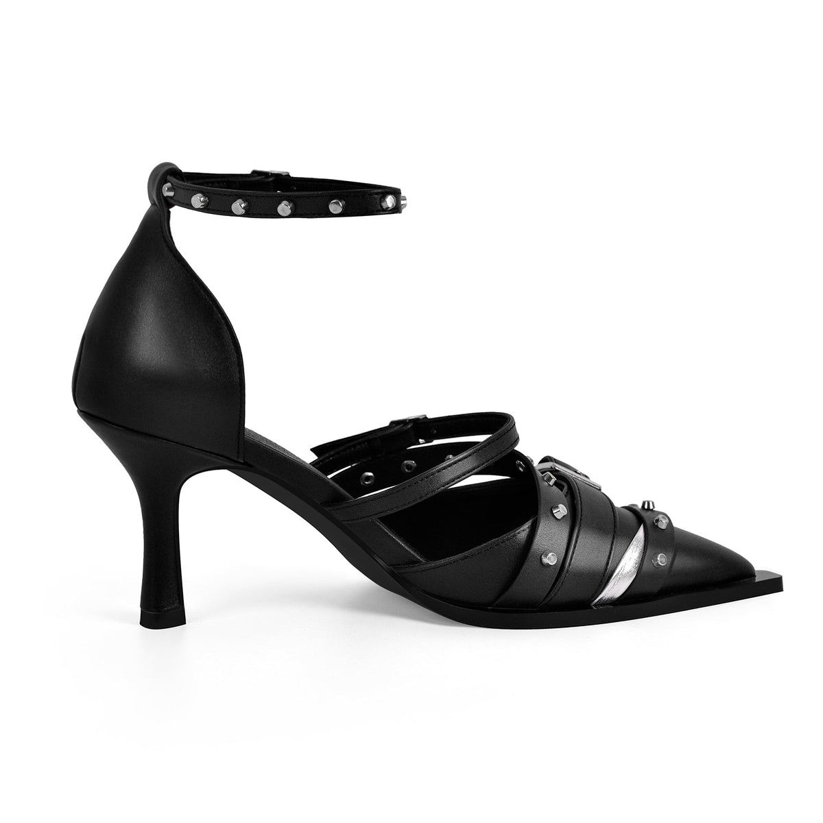 Pointed Toe Rivet Buckle Ankle Strap Pumps - Onlymaker Latest