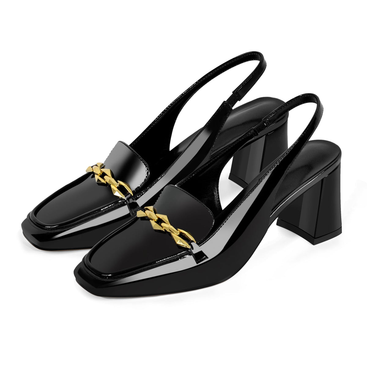 Square Toe Metal Chain Chunky Heel Slingback Pumps - Onlymaker Customer Favorite