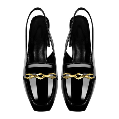 Square Toe Metal Chain Chunky Heel Slingback Pumps - Onlymaker Customer Favorite