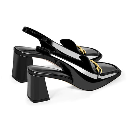 Square Toe Metal Chain Chunky Heel Slingback Pumps - Onlymaker Customer Favorite