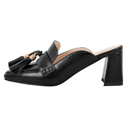 Square Toe Fringe Chunky Heel Mules - Onlymaker Premium