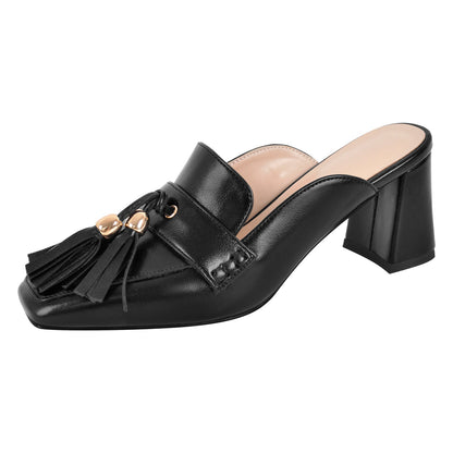 Square Toe Fringe Chunky Heel Mules - Onlymaker Premium
