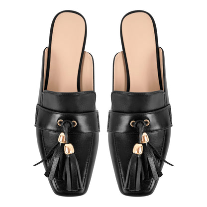 Square Toe Fringe Chunky Heel Mules - Onlymaker Premium