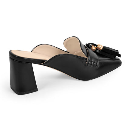 Square Toe Fringe Chunky Heel Mules - Onlymaker Premium