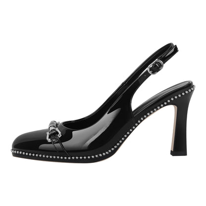Pointed Toe Rivet Metal Buckle Slingback Pumps - Onlymaker Everyday