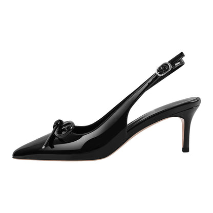 Bow Pointed Toe Patent Leather Slingback Pumps - Onlymaker Customer Favorite