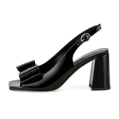 Open Toe Bow Slingback Chunky Heel Pumps - Onlymaker Premium