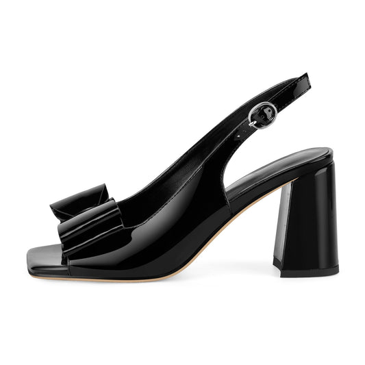 Open Toe Bow Slingback Chunky Heel Pumps - Onlymaker Premium