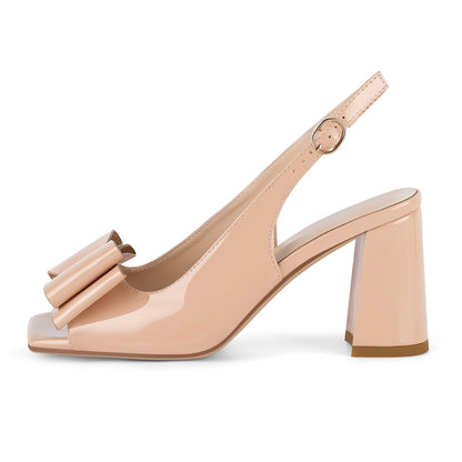 Open Toe Bow Slingback Chunky Heel Pumps - Onlymaker Premium