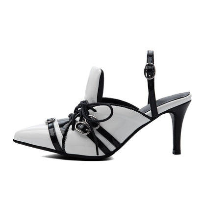 Pointed Toe Buckle Lace-up Sporty Slingback Pumps - Onlymaker Recommended