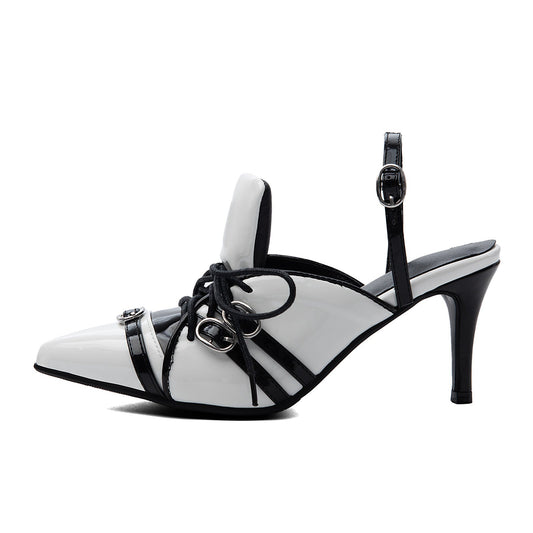 Pointed Toe Buckle Lace-up Sporty Slingback Pumps - Onlymaker Recommended