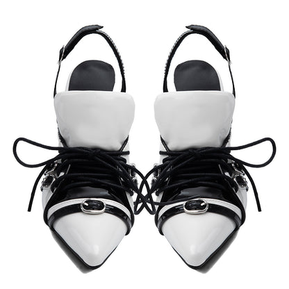 Pointed Toe Buckle Lace-up Sporty Slingback Pumps - Onlymaker Recommended