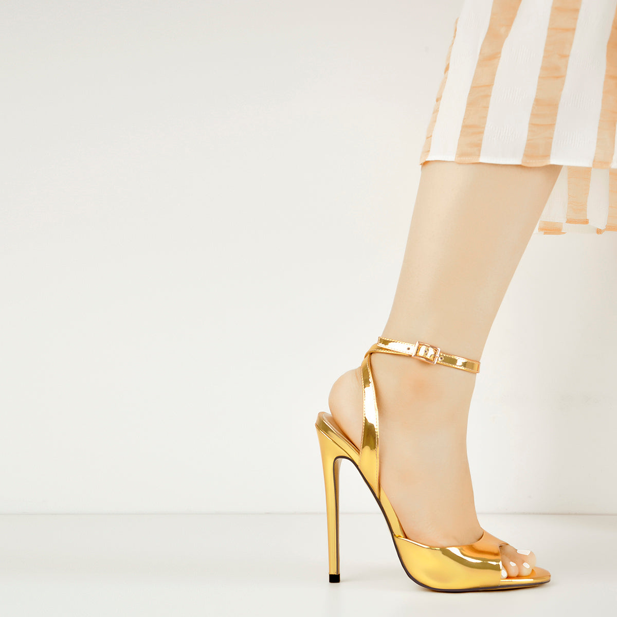 Gold Round Toe Strap High Heel Stilettos Sandals - Onlymaker Best Price