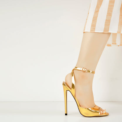 Gold Round Toe Strap High Heel Stilettos Sandals - Onlymaker Best Price