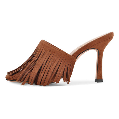 Square Toe Fringe Stiletto Mules - Onlymaker Great Value