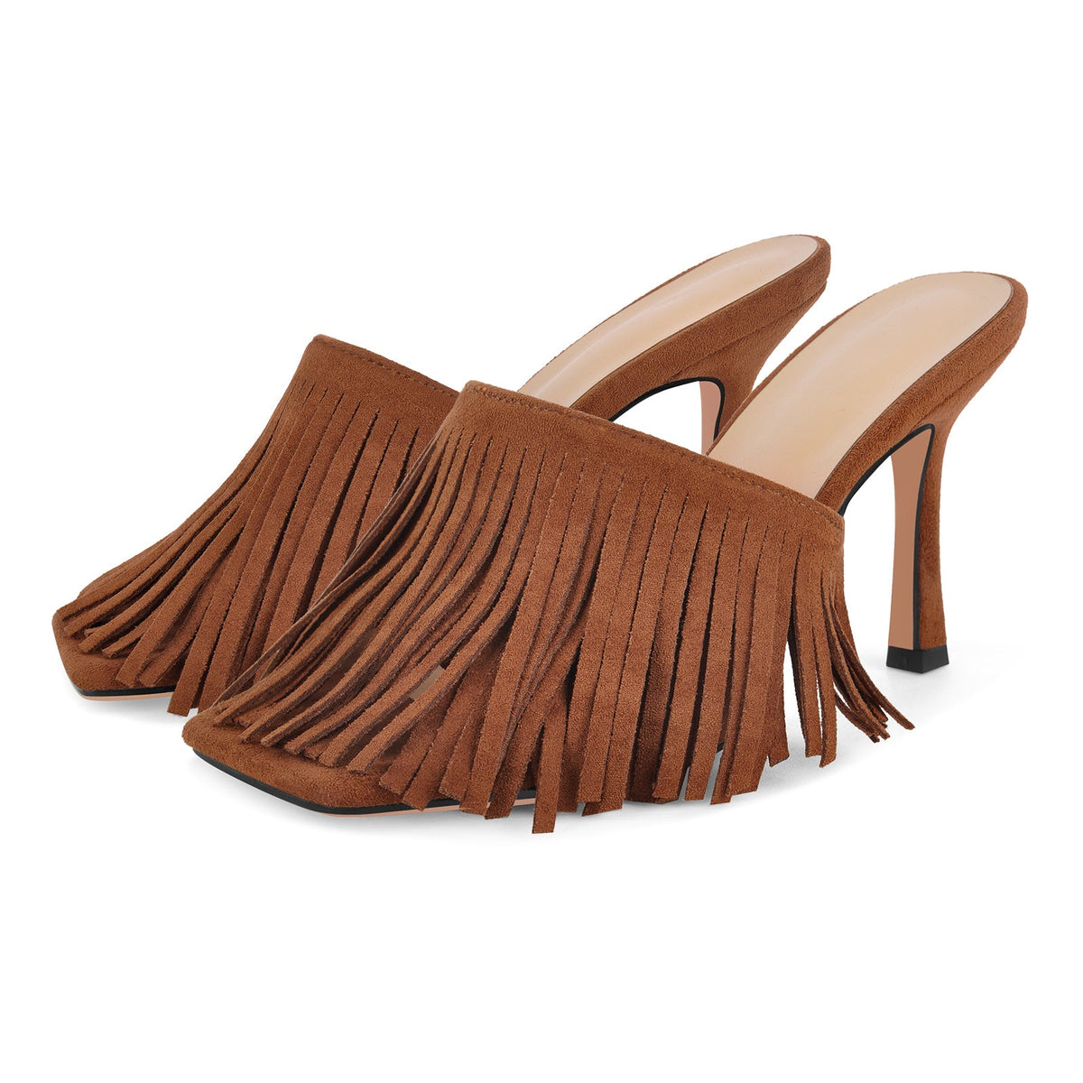 Square Toe Fringe Stiletto Mules - Onlymaker Great Value