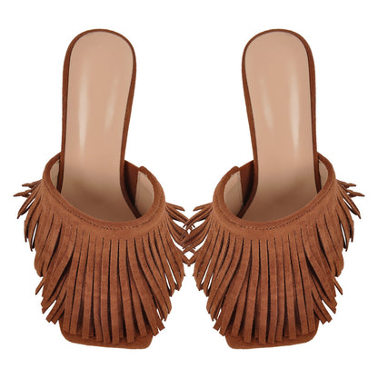 Square Toe Fringe Stiletto Mules - Onlymaker Great Value