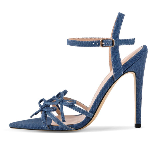 Denim Pointed Toe Bow Buckle Strap Sandals - Onlymaker Top Pick